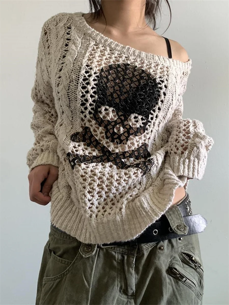 wsevypo Goth Grunge Hollow Out Cable Knit Sweaters Fall Winter Women Long Sleeve Off Shoulder Skull Print Pullovers Streetwear