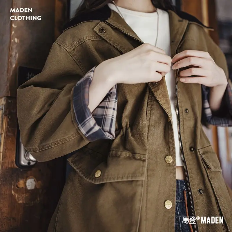 

Maden Women’s 310gsm Cotton Barn Jacket Loose Waist Drawstring Workwear Coat Autumn Casual Turn-down Collar Khaki Outerwear
