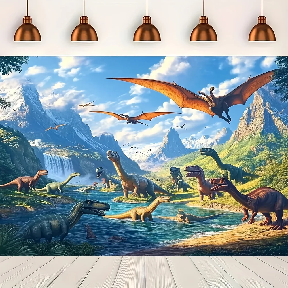 Tapisserie de Safari Tropical du monde des dinosaures, 1 pièce, scène de dinosaure vif, forêt Dense, montagne de neige et décor mural de lac Tranquil