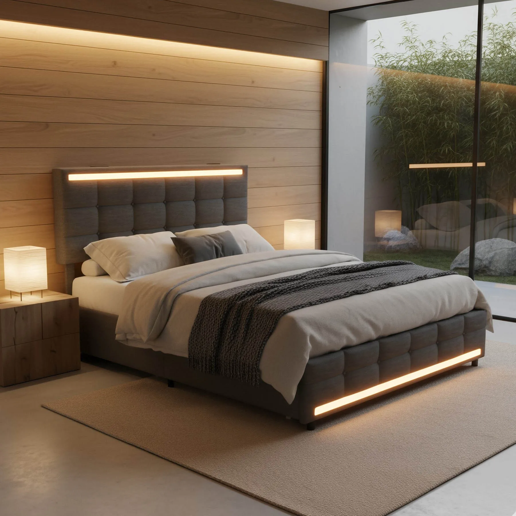 Giroletto LED 140x, letto imbottito con 4 cassetti, LED RGB, stazione di ricarica USB, testiera regolabile, tessuto di lino