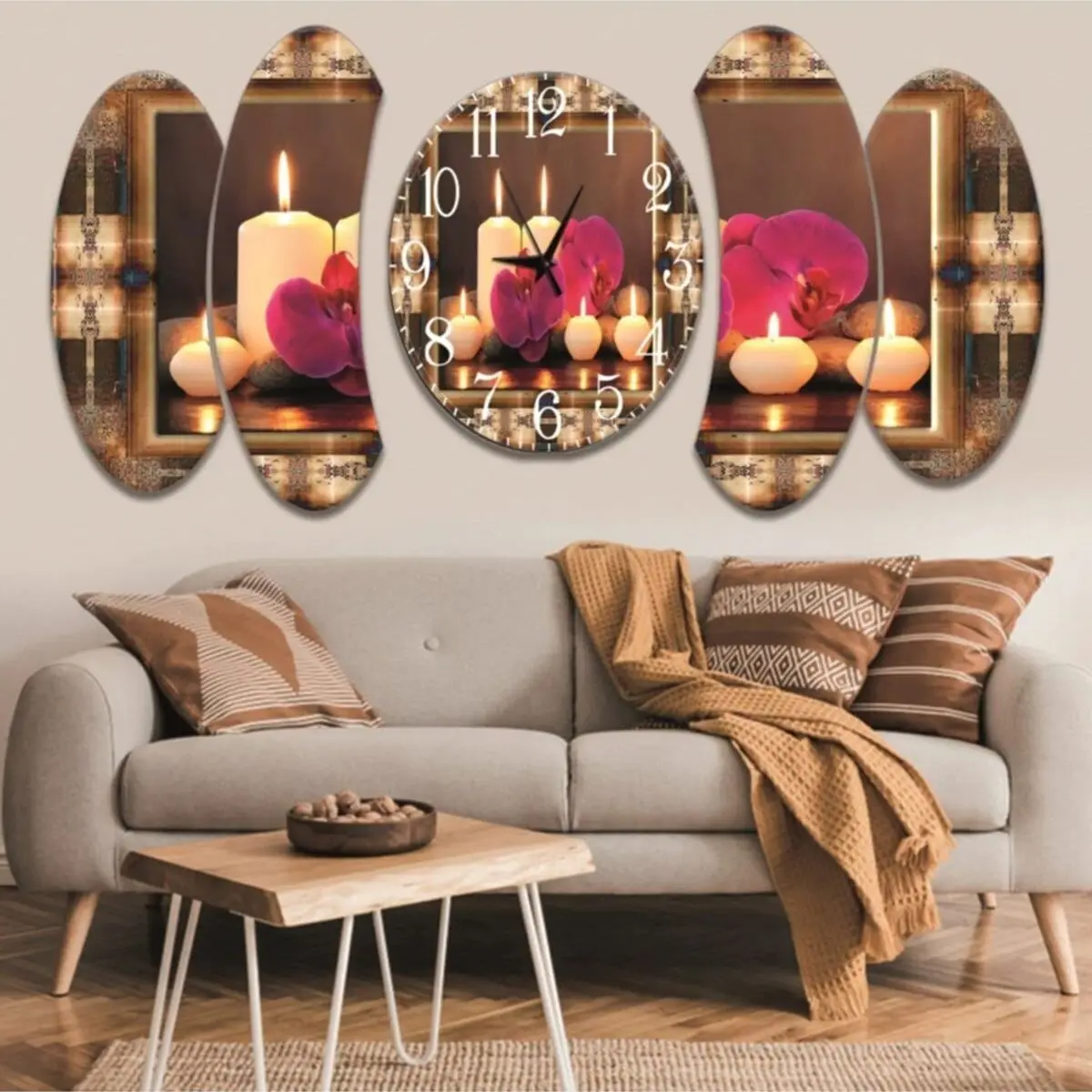 5 piece Romantic Candle Theme Design Saatli Mdf Table Big size Luxury Wall Clock Large Size Table European Model Hand making Table And