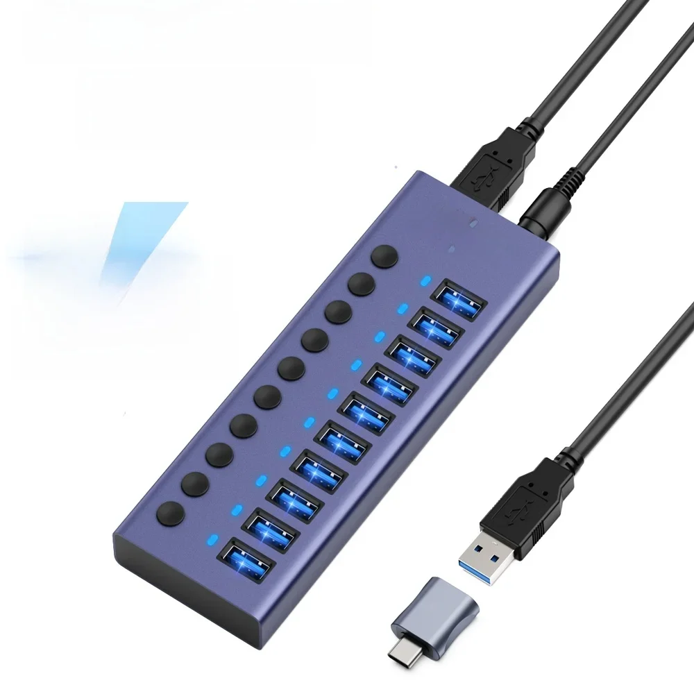 4/7/10 portów USB 3.0 Hub Multiple Splitter 12V Power Adapter z włącznikiem/wyłącznikiem USB Splitter High Speed Hub dla MacBook Laptop — zdjęcie produktu 7