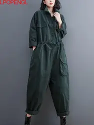 2022 Fashion Autumn New Corset Oversized Long Sleeves Jumpsuit Women's Temperament Casual Straight Vintage Ankle-length Pants