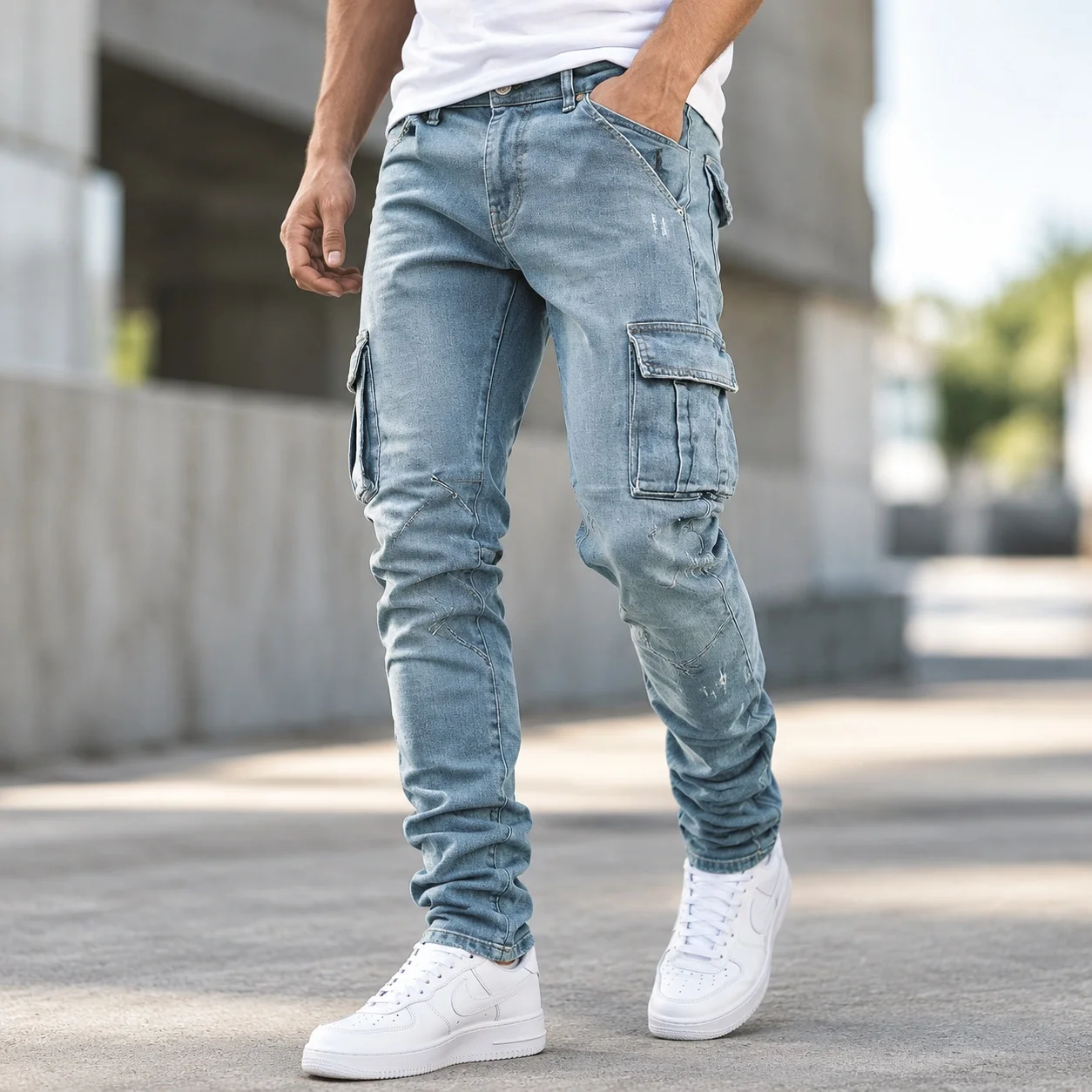 Pocket Jeans Patchwork Pencil Rock with Mid Waist Spring Side Pocket Jeans Full Length Skinny Ankle Skinny Water Wash Men Pants