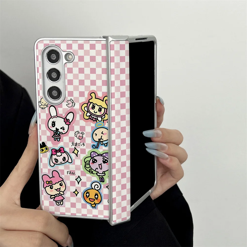 Simpatica custodia per telefono in PU con motivo a scacchi rosa Tamagotchi per Samsung Galaxy Z Fold8/Fold7/Fold6/Fold5/Fold4 W26, con cerniera magnet