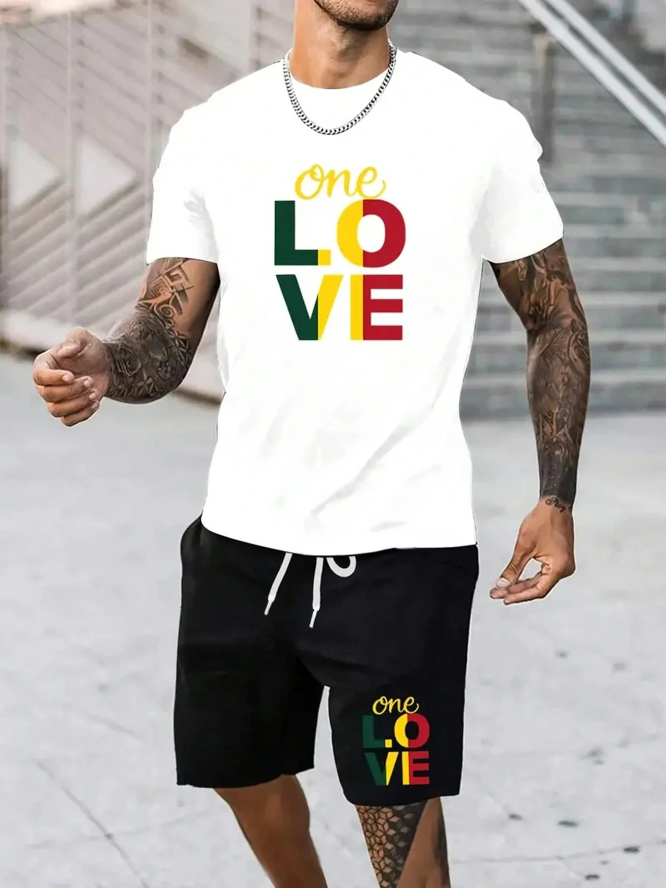 One LOVE Print Men's Spring and Summer Two Pieces Set Casual Round Neck Short Sleeve T-shirt Shorts Sports Suit Printed Clothing