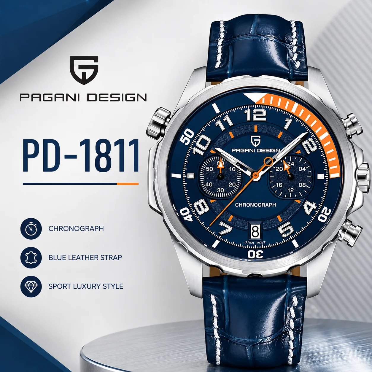 PAGANI DESIGN Men's Quartz Watch PD-1811 Multifunctional Fine Steel Watch 44mm Large Dial Luminous Waterproof Watch.