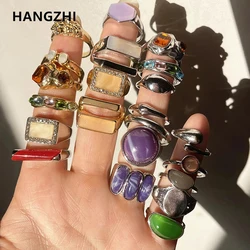 HangZhi 2021 New Colorful Rhinestone Trendy Irregular Metal Geometric Set Ring for Women Girls Summer Party Jewelry