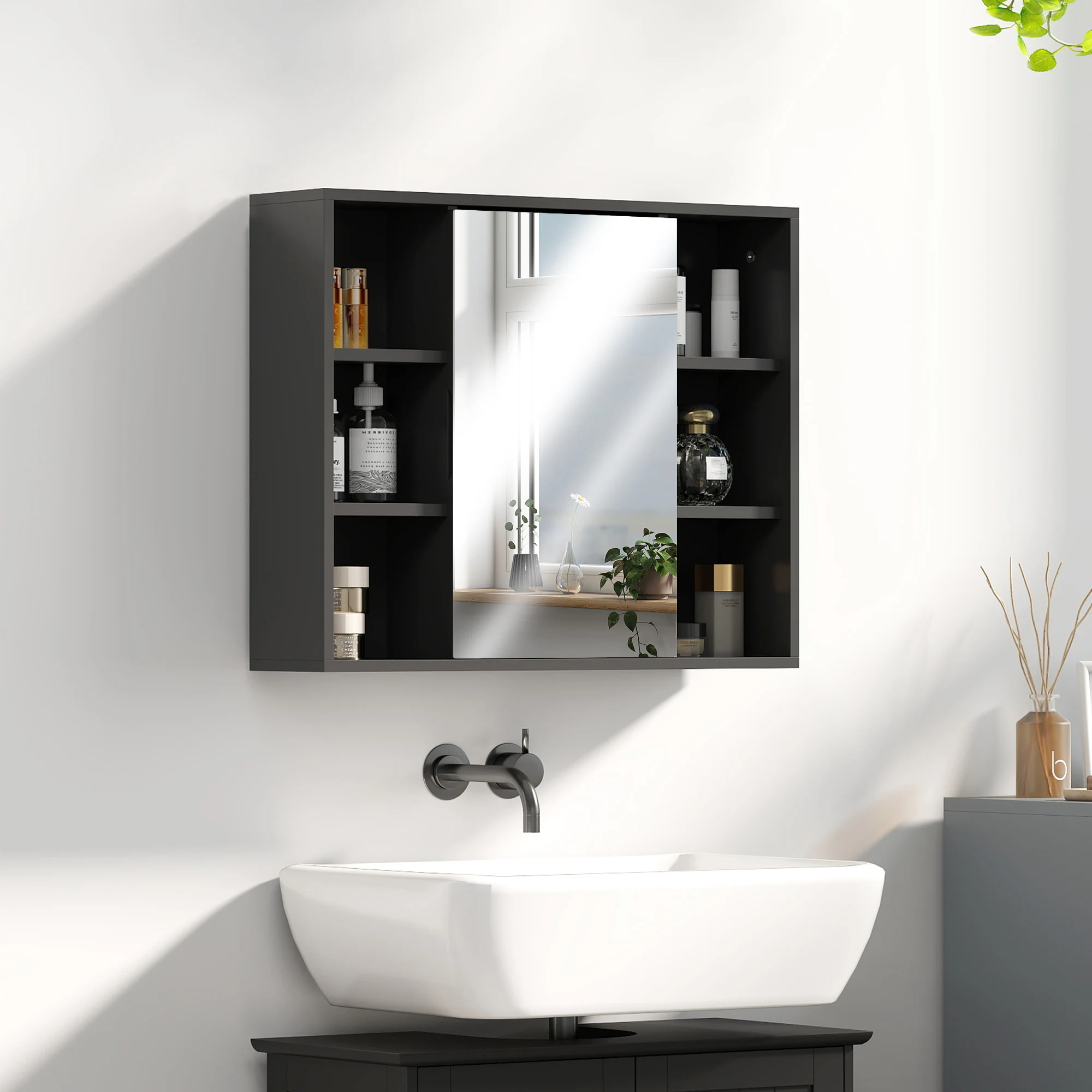 Schwarzer Wandmontierter Spiegelschrank mit Einzeltür für das Badezimmer, Sechs Separate Offene Aufbewahrungsfächer, Wand-Medizinschrank-Organizer für Kosmetik, Hautpflege, Toilettenartikel,