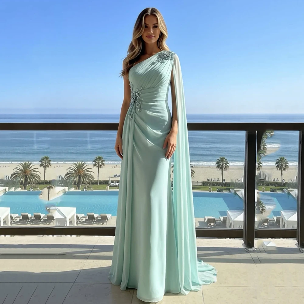 

Galarity Customized Mint Green One Shoulder Mermaid Evening Dresses Chiffon Appliques Beads Prom Gown Pleated Formal Party Dress