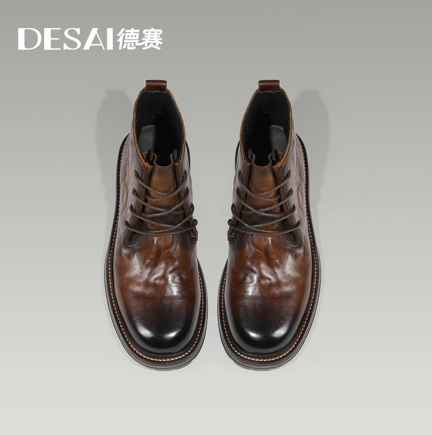 Desai [Wool vintage leather boots] Autumn and Winter warm thick fleece high top boots leather casual men\'s work boots