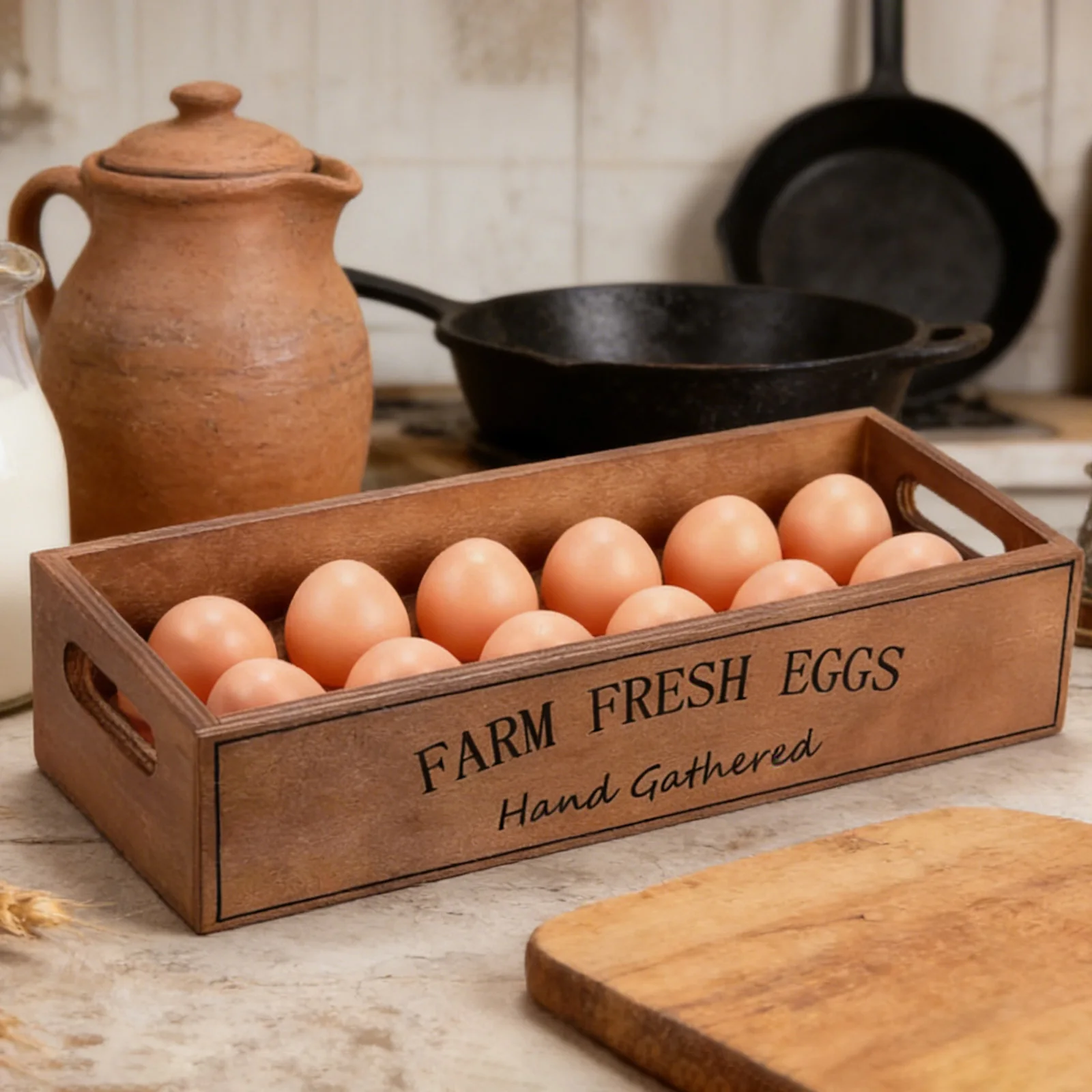 Wooden Rustic Egg Holder Farmhouse Storage Basket for Chicken Duck Quail Turkey Eggs, Portable Pantry Cabinet Table Organizer