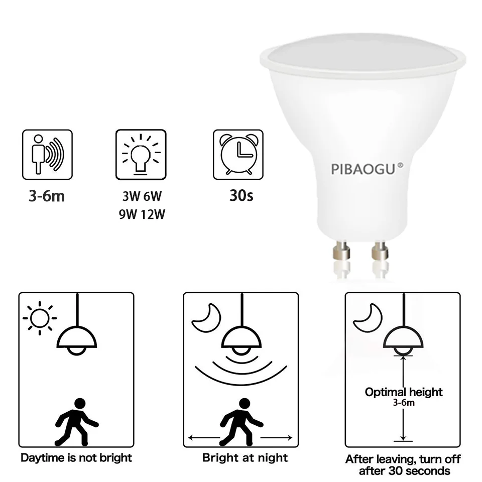 1PC LED Bulb GU10 PIR MotionSensor Night Light 3W 6W 9W 12W Cold White Warm White For Indoor Home Stairs Garage Corridor Walkway