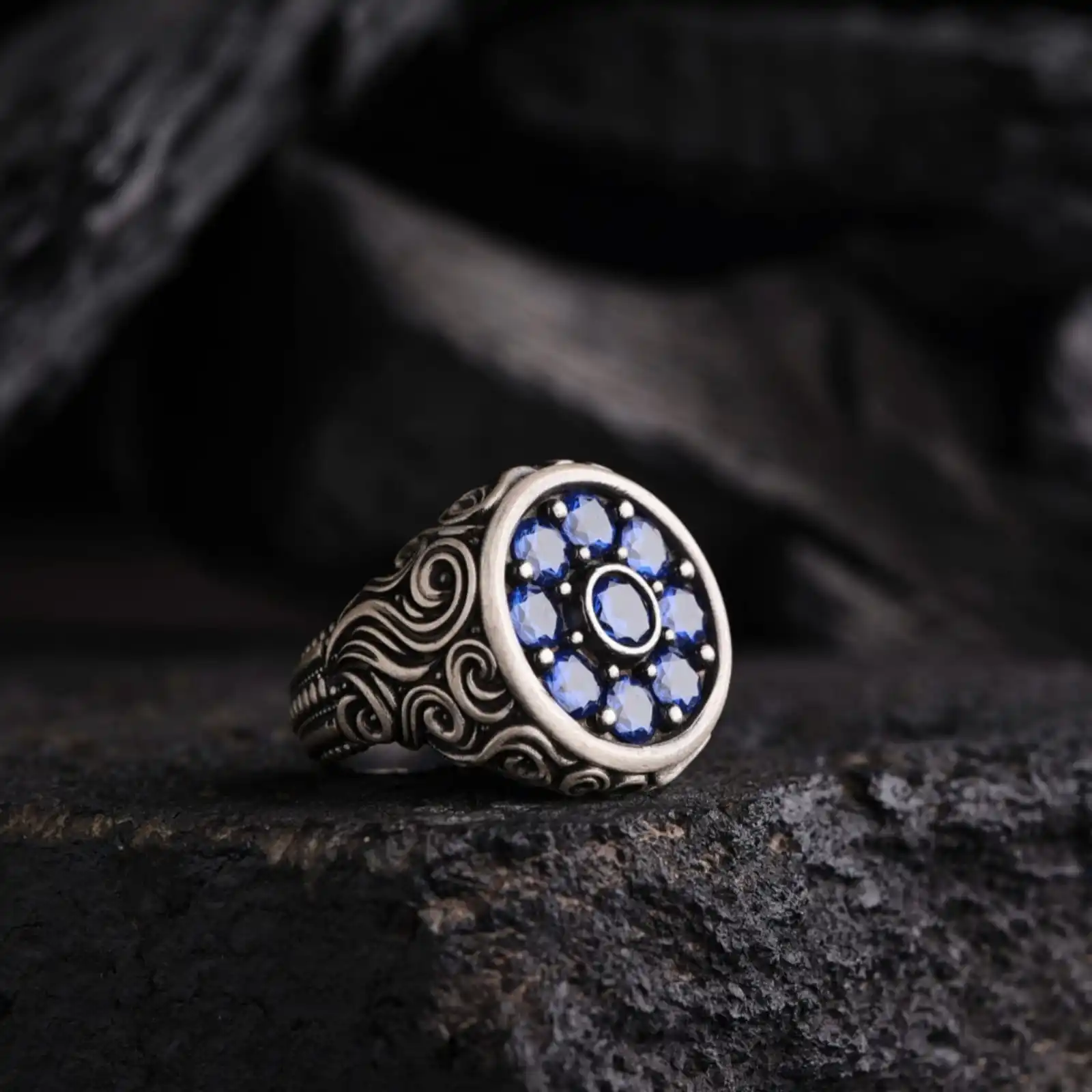 Handcrafted Men's Silver Ring with Blue Zircons - Unique Engraving, Big Blue Stone Centerpiece