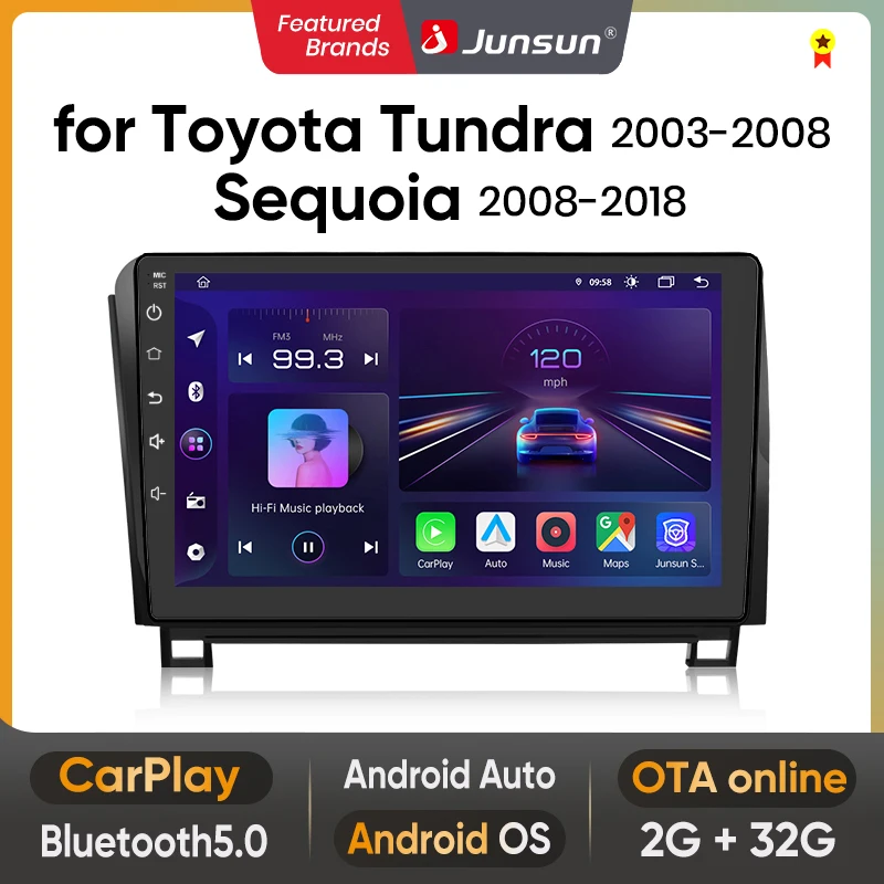Junsun Android Bluetooth Car Radio Android Video Player for Toyota Tundra 2003-2008 Toyota Sequoia 2008 2009–2018 Built In Wireless Carplay Android Auto GPS Navigation Bluetooth 5.0 4G LTE 5G WiFi AI Voice Control