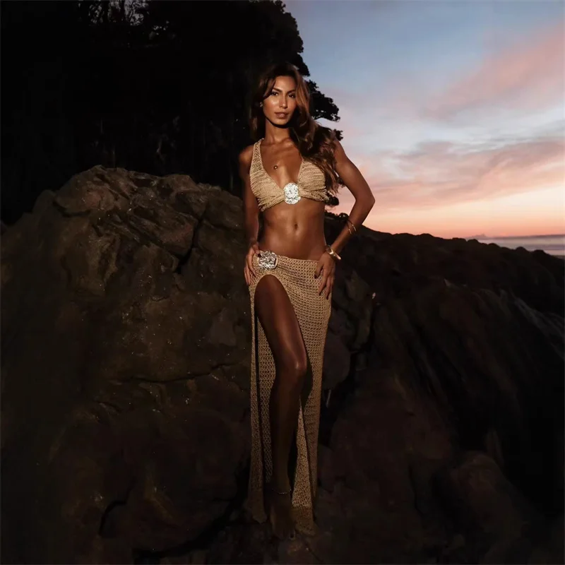 2PCS Women's Sleeveless Lace Up High Slit Long Dress Beach Sexy Knit Crop Top and Skirt Wrap Swimwear Crochet Bikini Cover-ups