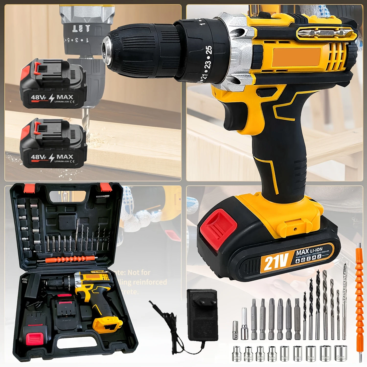 Working Cordless Drill Set, 23 Pieces of Drill, with "keyless Chuck, Clutch