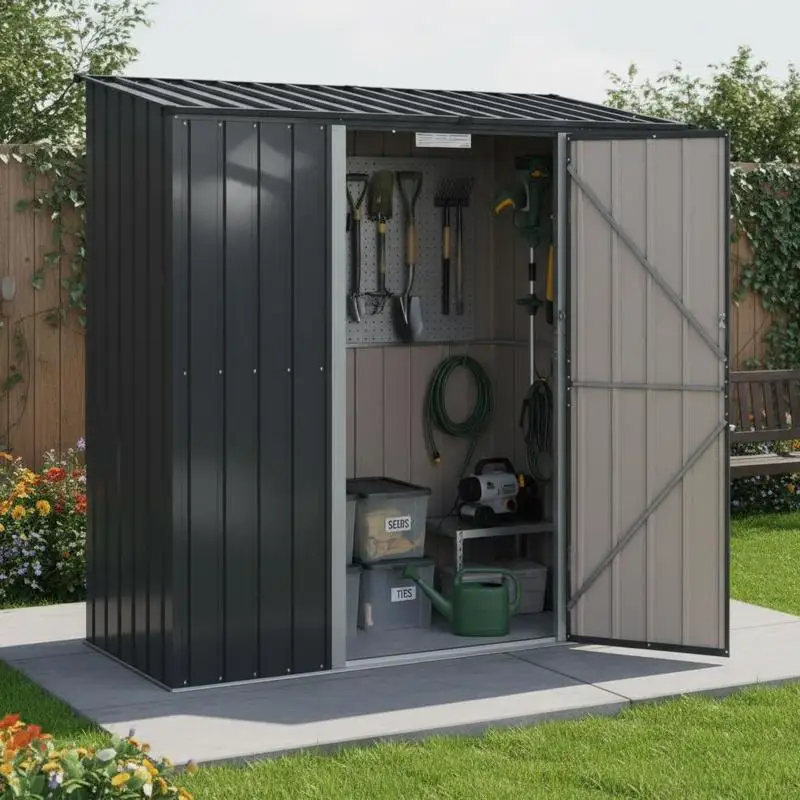 Metalen antracietkleurige tuinhuisje 203 × 85,5 × 200 cm, grote opbergruimte voor buiten
