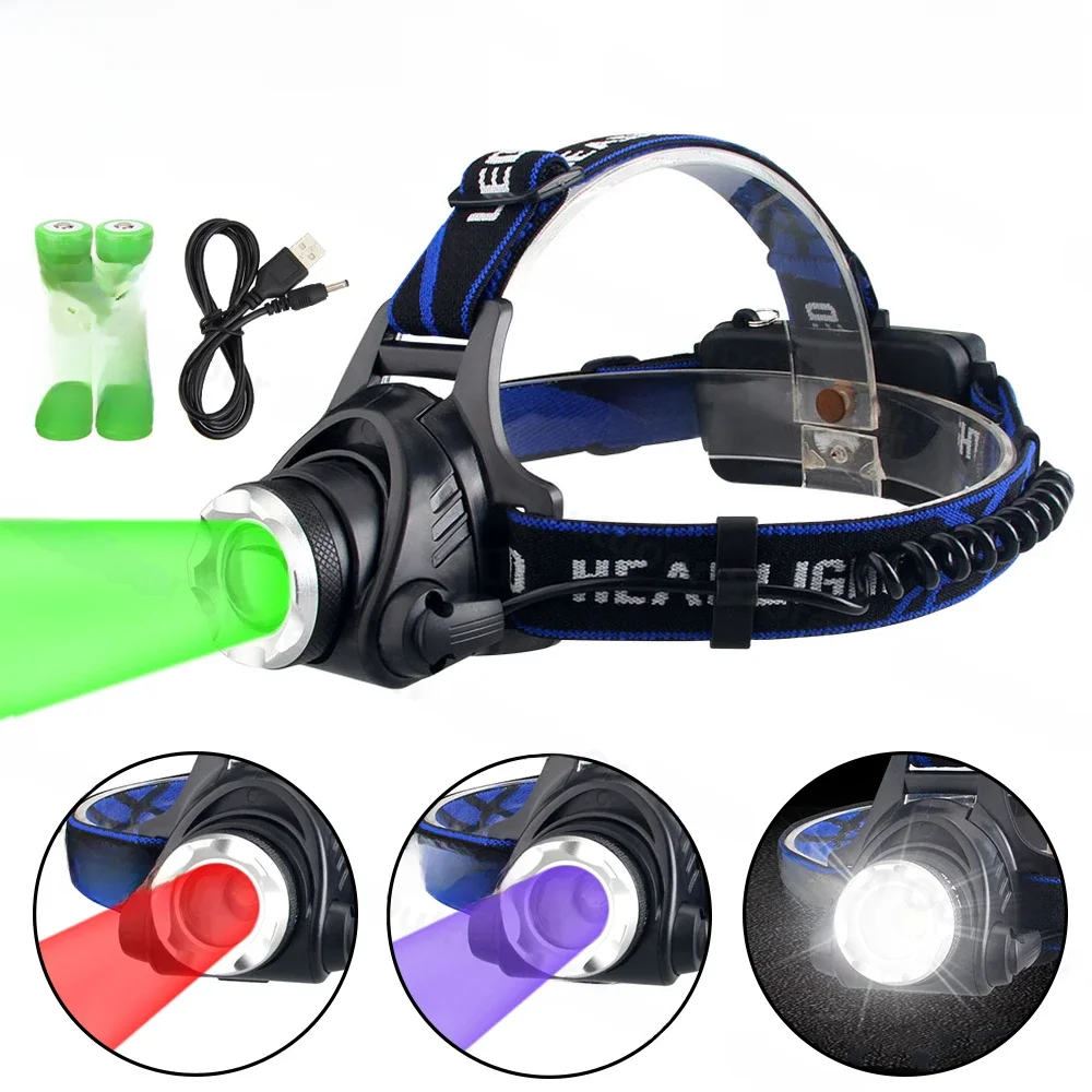 Reflektor taktyczny czerwony/zielony/fioletowy/biały latarka czołowa Zoomable LED USB ładowanie 3 tryby latarka czołowa reflektor myśliwski — 2