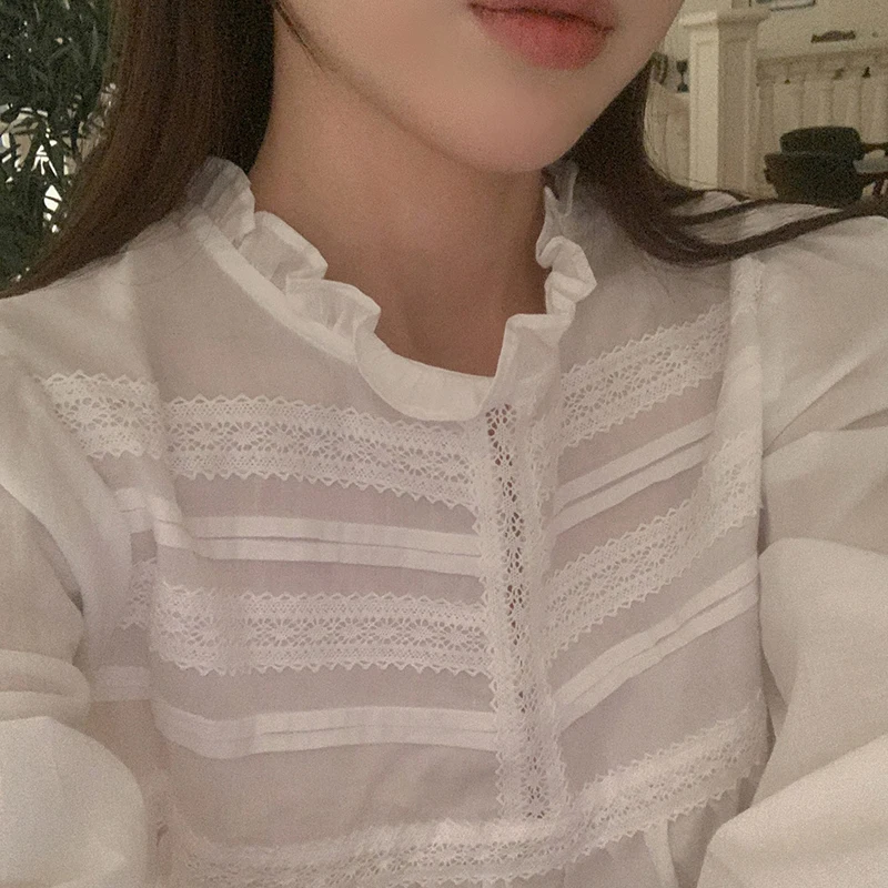 Korean style frill lace puff sleeved shirling long sleeve shirt blouse