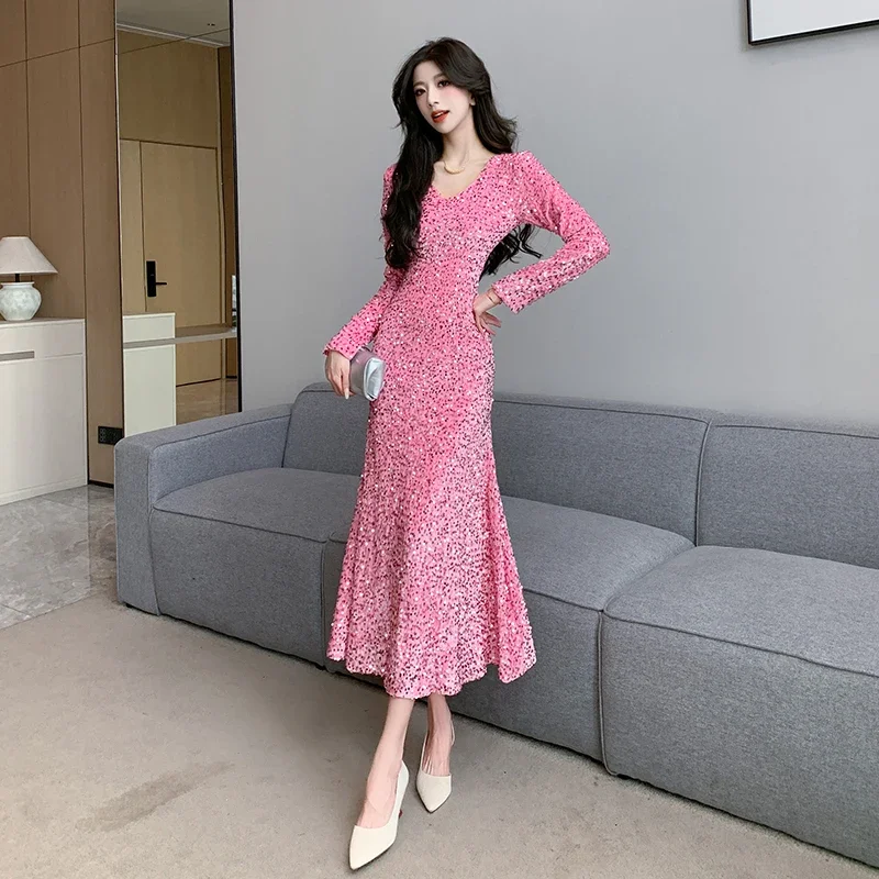 Party Dress Women Sexy V Neck Long Sleeve Dresses Slim Elegant Ladies Night Club Party Fishtail Dress Vestidos