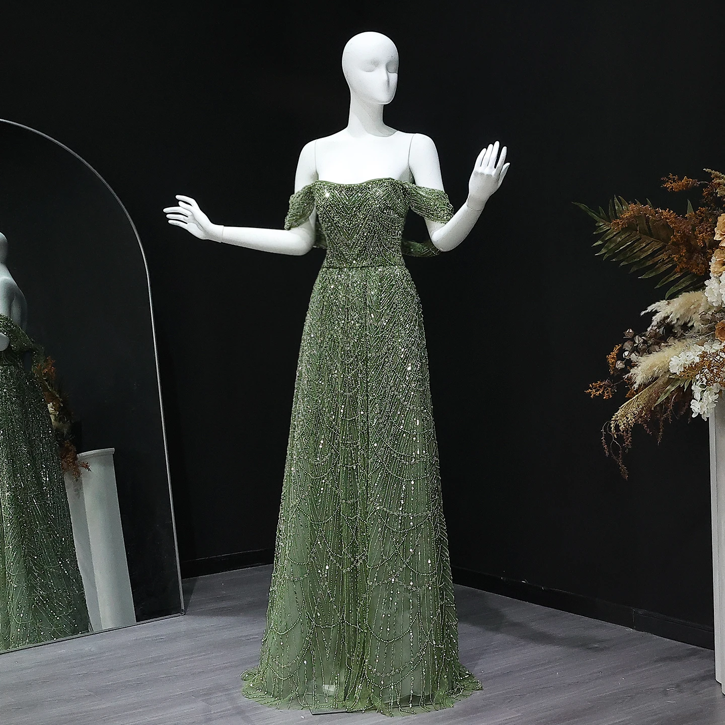 Sharon Said Luxuriöses Arabisches Perlenbesetztes Nude-Abendkleid für Dubai-Hochzeit, Schulterfrei, Übergröße, Formelle Partykleider SS676 Maßanfertigung – Detail 8