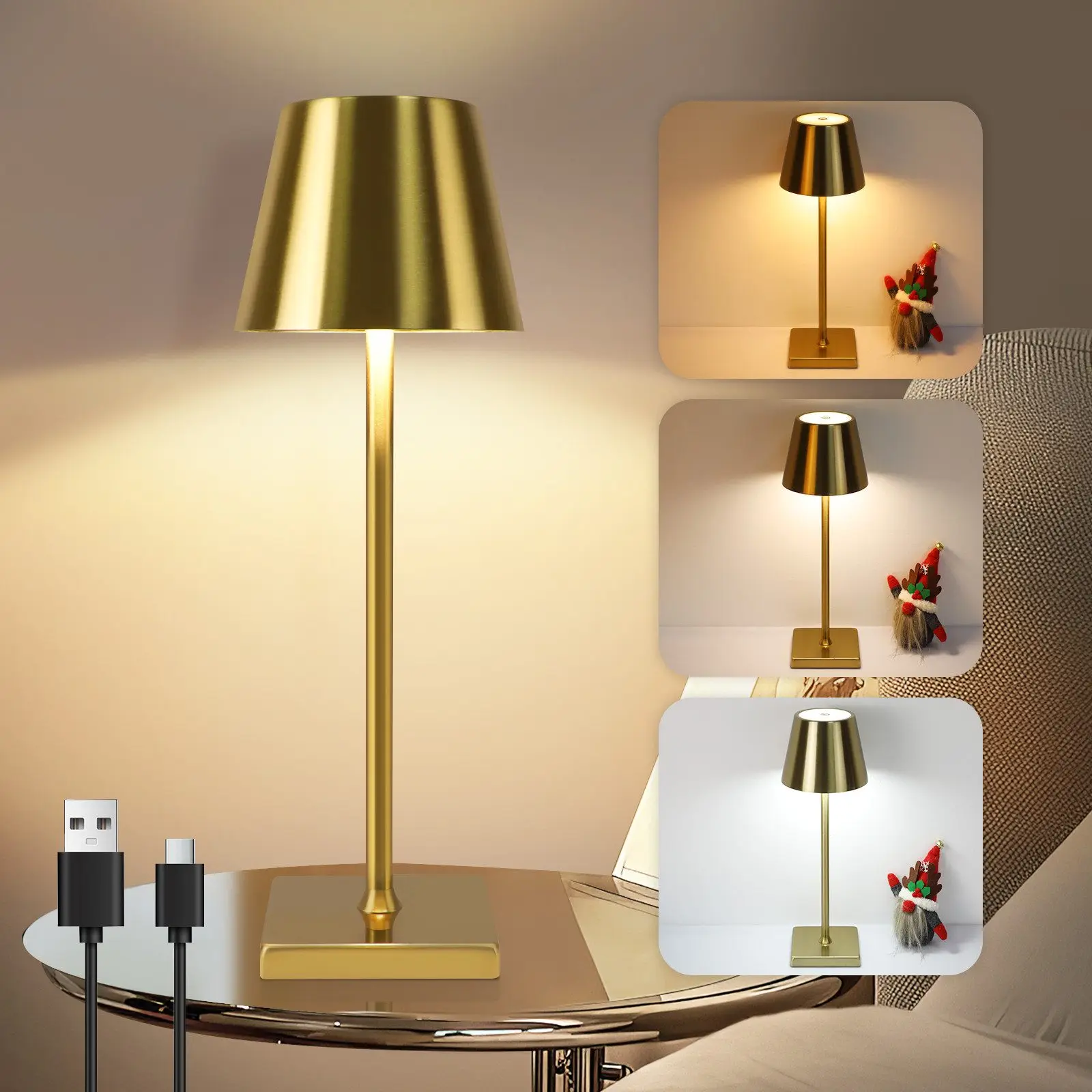 LED Tischleuchte Kabellos 3 Farbtemperatur Gold Vintage Nachttischlampe Schlafzimmer