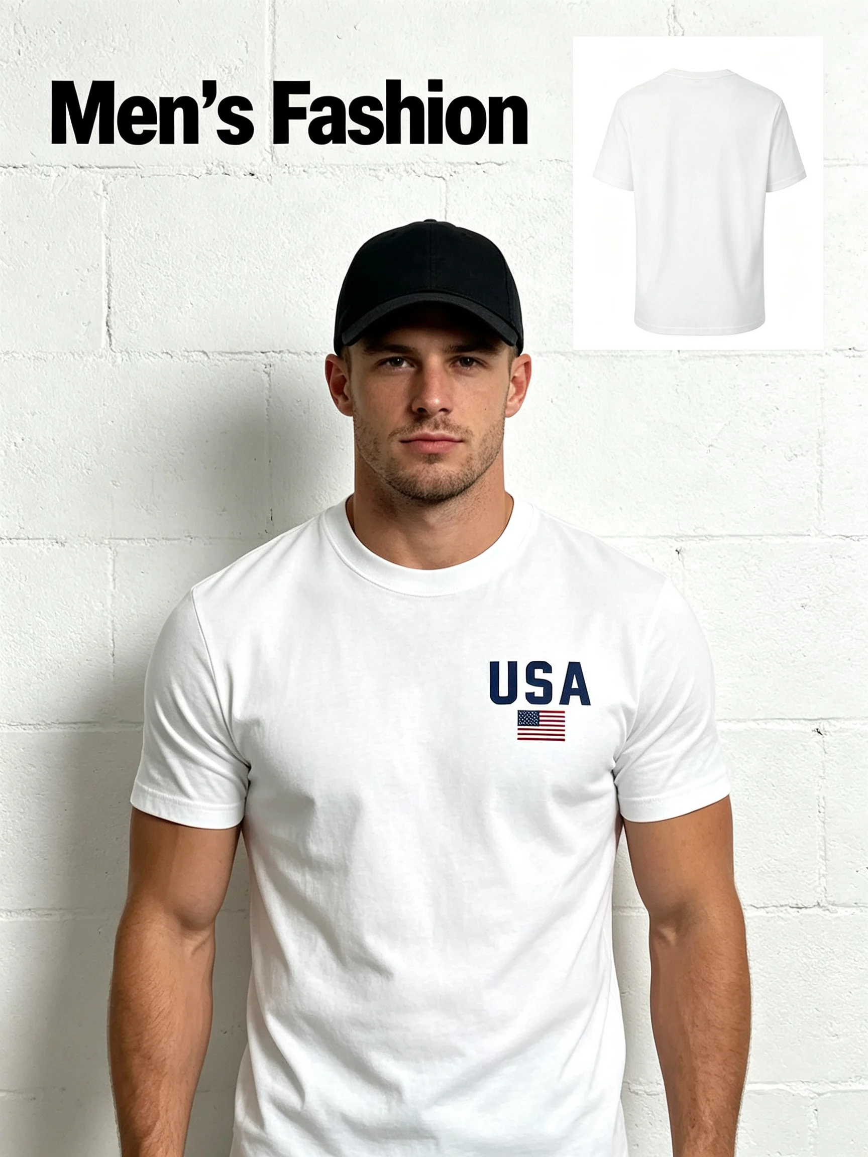Men's 100% Cotton USA Flag Letter Print T-Shirt, Summer Thin Short Sleeve Slim Fit Tee, Trendy Versatile Daily Casual Youth Base Layer Top