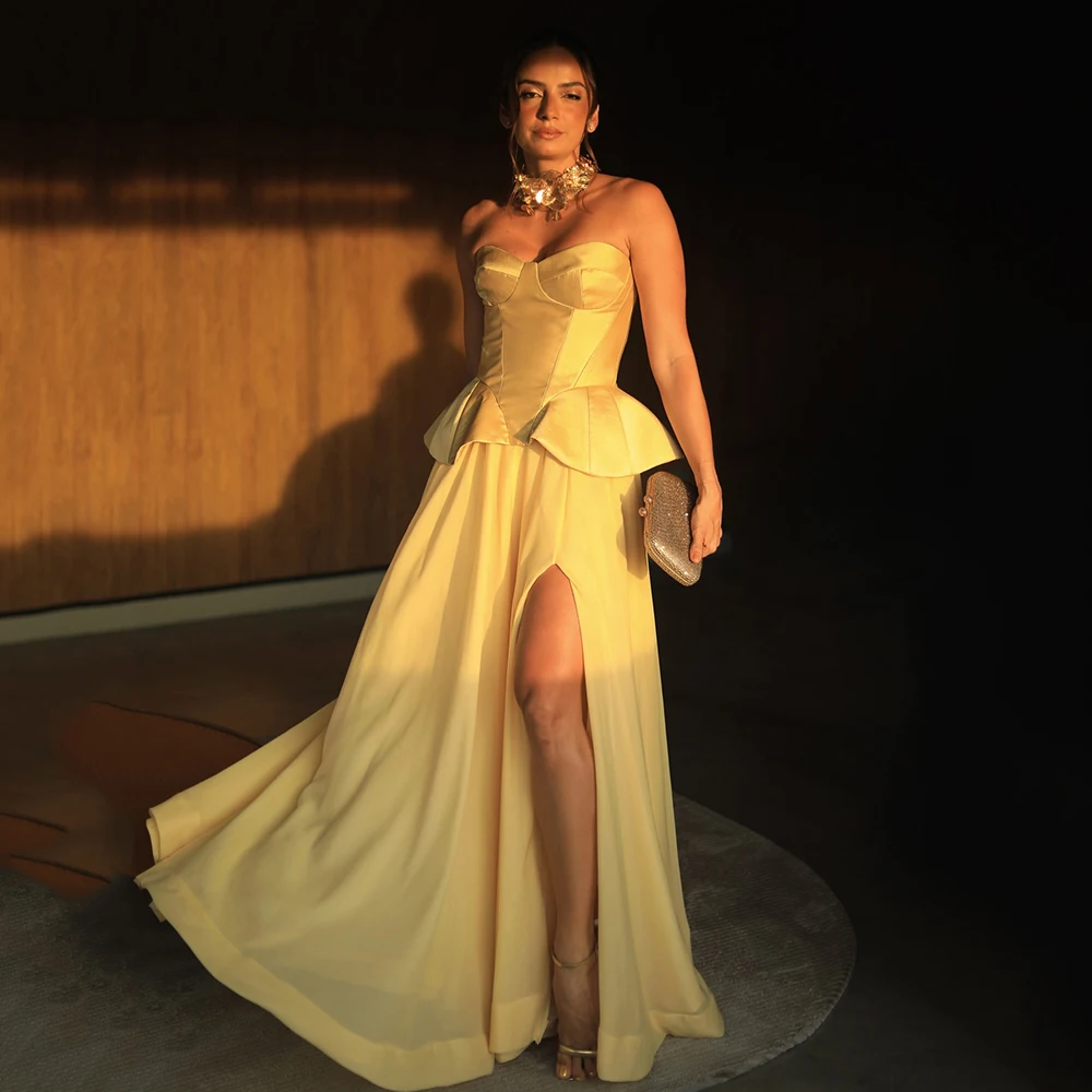 

Msikoods Yellow Corset Evening Dresses Satin High Slit Peplum Elegant Prom Dress Formal Evening Gown Sexy Party Dress Customized