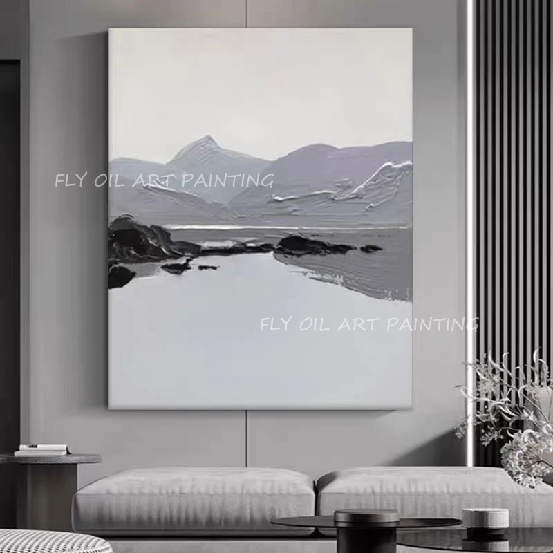 Handmade Clean River Mountains Landscape Simple Pure Nordic Abstract Fresh Scenery Oil Painting Modern Canvas Wall Art Decor