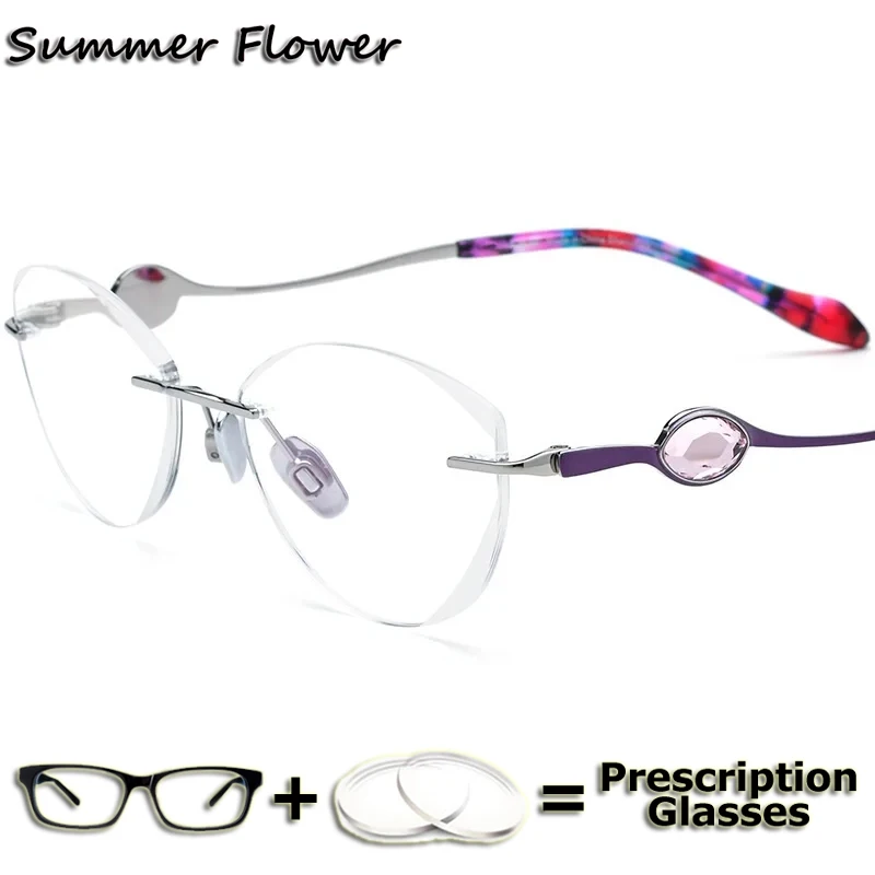 

Оправы для очков из чистого титана для женщин, безободковые очки с бриллиантами, модные дизайнерские элегантные роскошные очки с линзами для коррекции близорукости для женщин