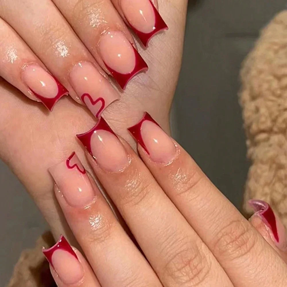 Faux ongles français simples rouge vin, style de luxe léger européen et américain, amélioration des ongles, patchs détachables pour ongles