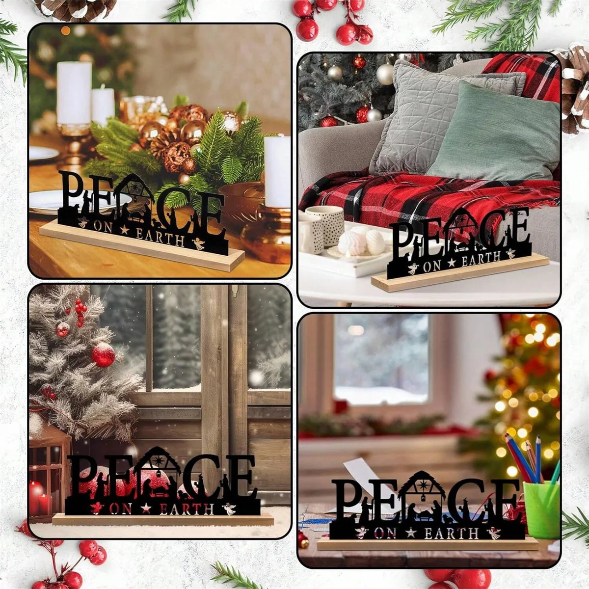 1 قطعة الحلي المعدنية لزينة عيد الميلاد مشهد المهد المعدني الأسود مع قاعدة خشبية للمنزل مكتب الرف ديكور للطاولات #2