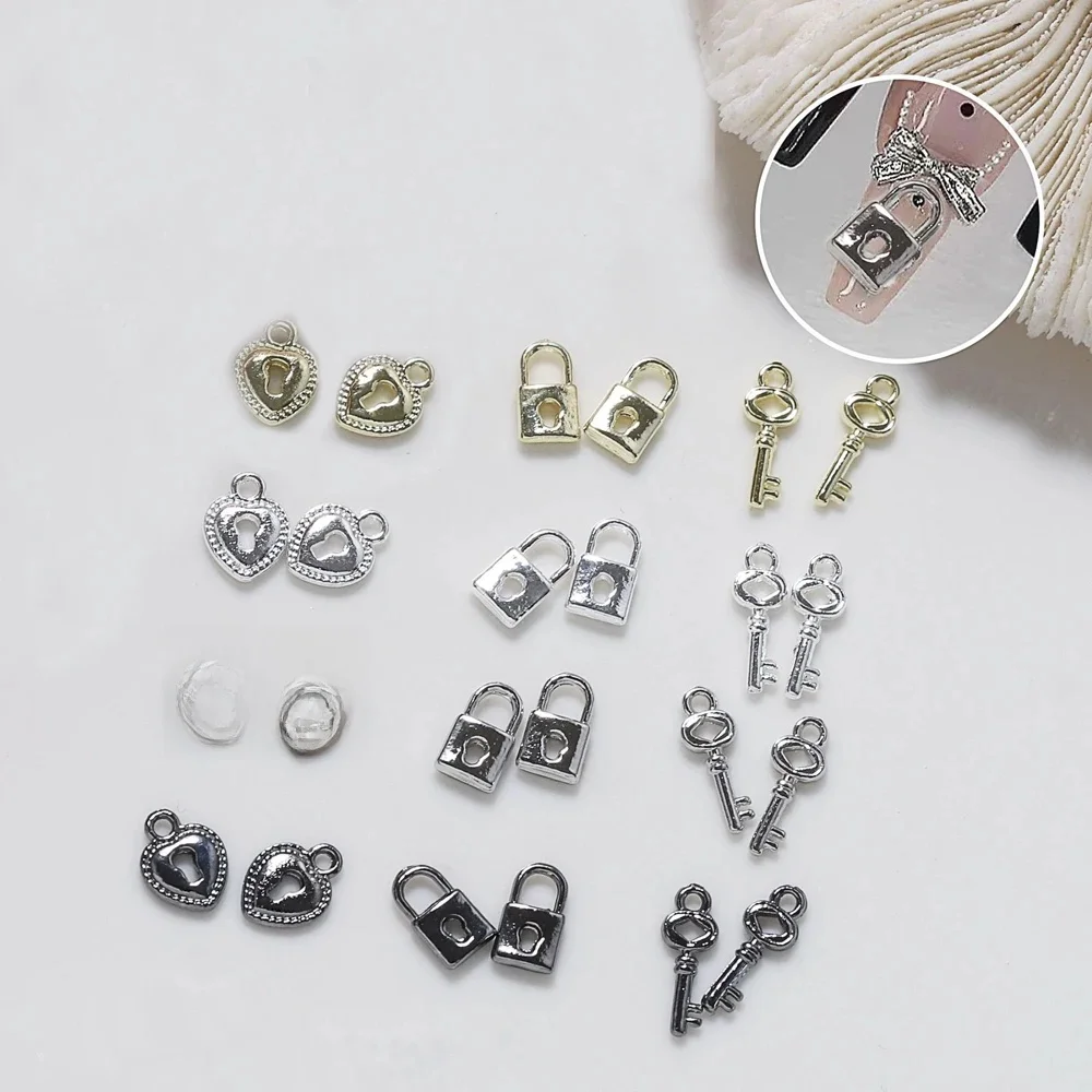 10Pcs Złoto Srebro Metalowy klucz do zamka Ozdoba do paznokci Luksusowy klucz do zamka w kształcie serca Biżuteria do paznokci Urok DIY Akcesoria do manicure — zdjęcie 2