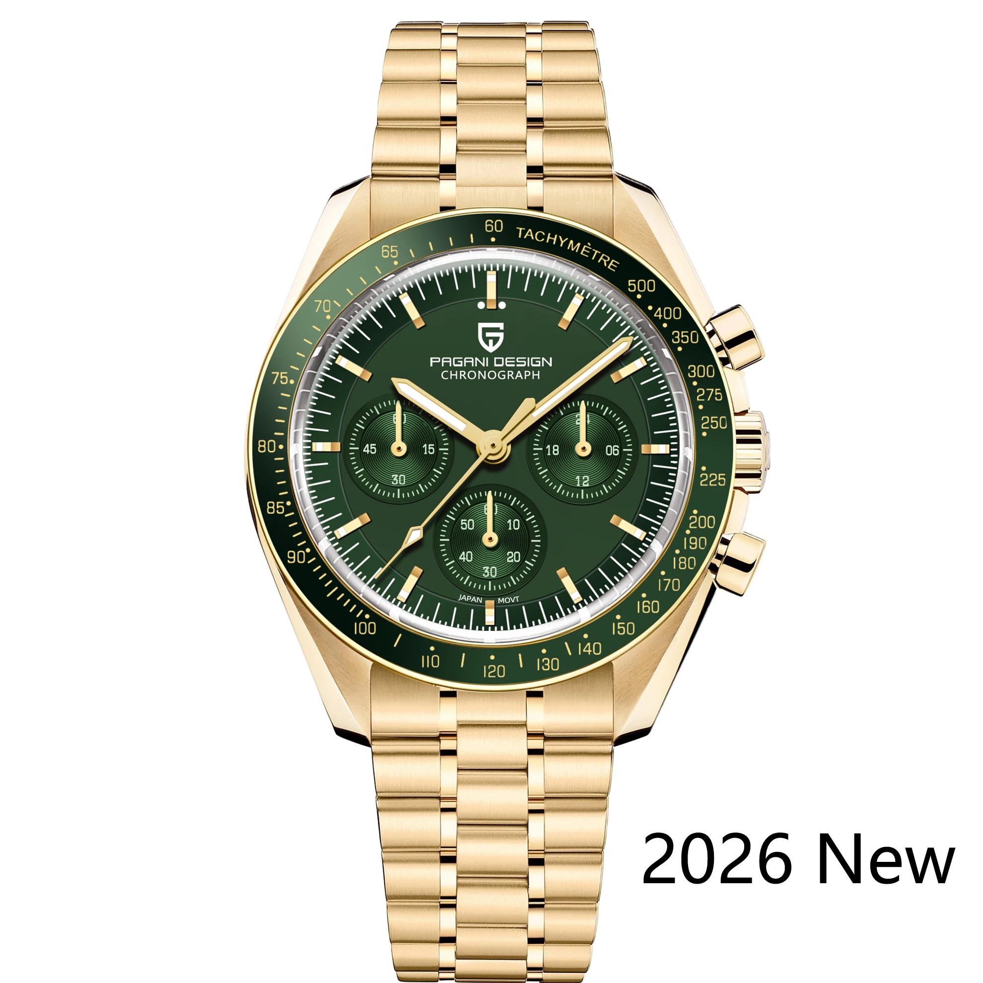 PAGANI DESIGN 2026 Neue Gold-Grüne Luxus-AR-Saphirkristall-Quarzuhr Herren Speed Moon Uhr Sport-Chronograph Edelstahl Wasserdichte Armbanduhr für Männer Lokaler Versand in der EU