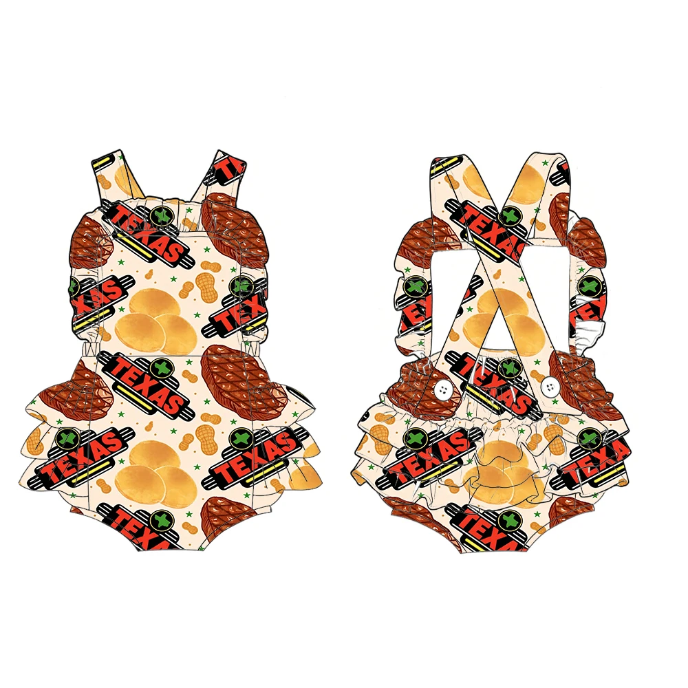 Boutique children's clothing 3-layer ruffled bodysuit Cross buttons at the back gourmet print custom