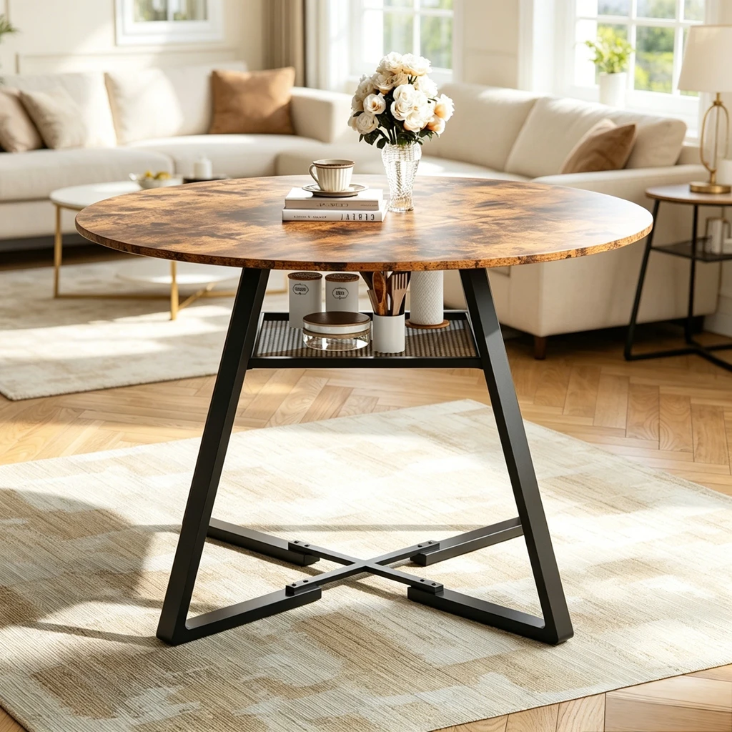 Mesa de comedor redonda para 120 cm, mesa de comedor redonda con estante de almacenamiento, bandeja para bebidas y patas de metal, mesa de cocina redonda para 4-6 personas