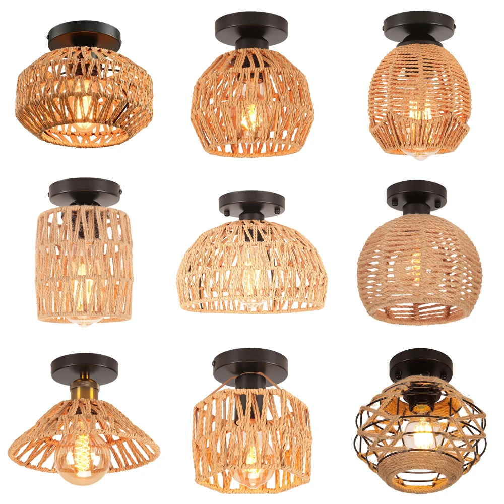 

Потолочный светильник из пеньковой веревки, винтажный E27, плетеный подвесной светильник из ротанга, абажур для спальни, кафе, прихожей, гостиной, внутреннего декора