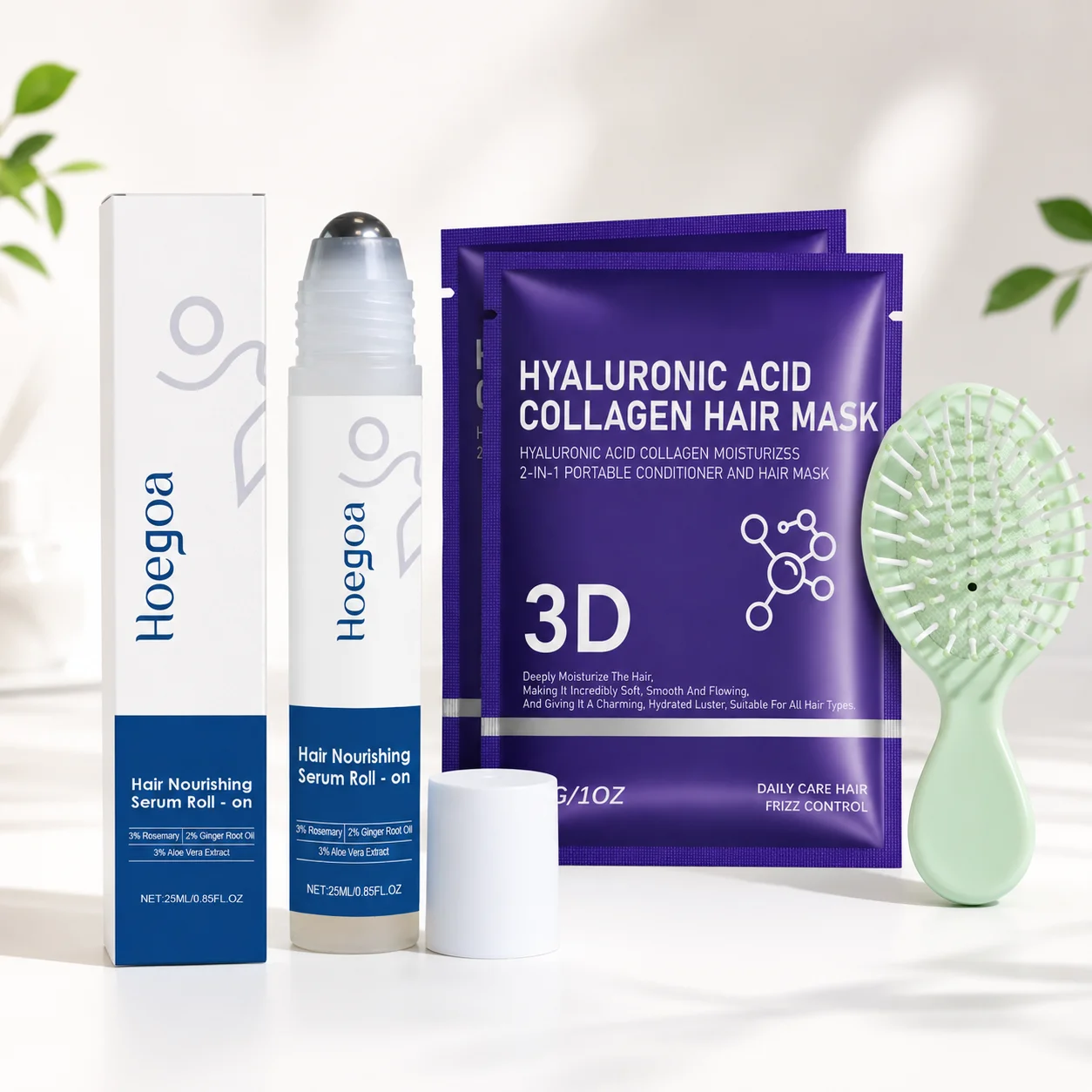 Hoegoa Hair Care Set with Hair Nourishing Serum Roll-On, 2pcs Hyaluronic Acid Collagen Hair Mask and Mini Hair Brush