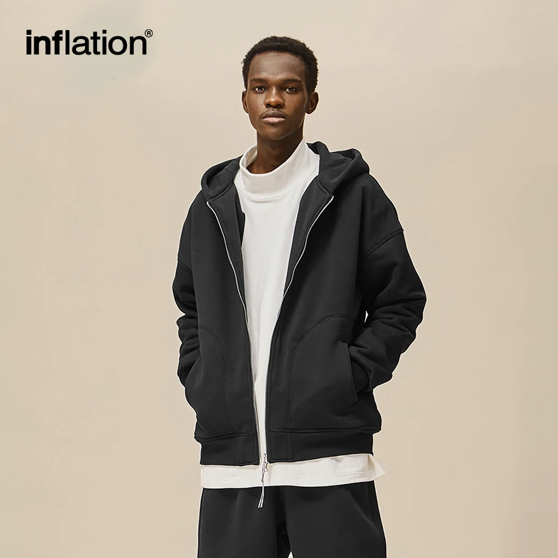 INFLATION Plain Zip Up Hoodies Men Winter Thick Polar Fleece Lined Hooded Jacket Unisex Outwear