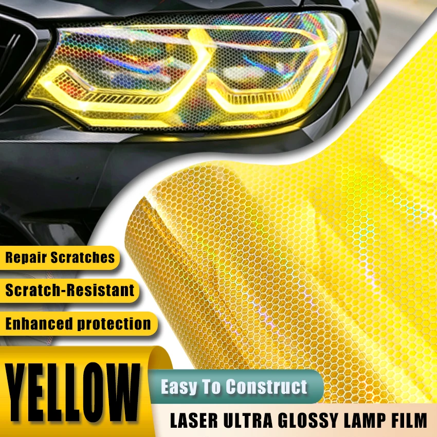 Yellow Laser Rainbow Honeycomb Light Tint Film for Car Headlight Taillight Color Change Vinyl Wrap Iridescent Reflective Sticker