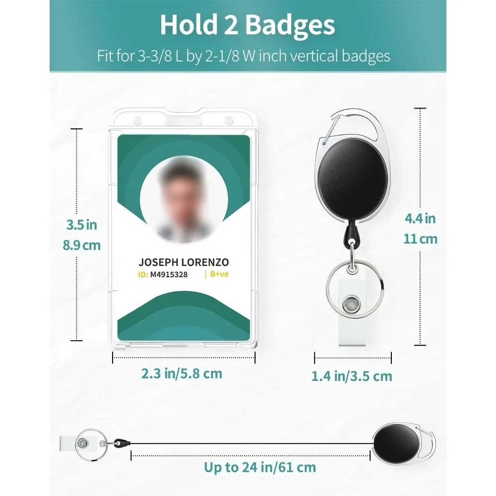 10pcs 2D Clear PC Badge Holders with Retractable Reels & Carabiner Clips, Vertical/Horizontal Cases for IDs, Cards and Passes