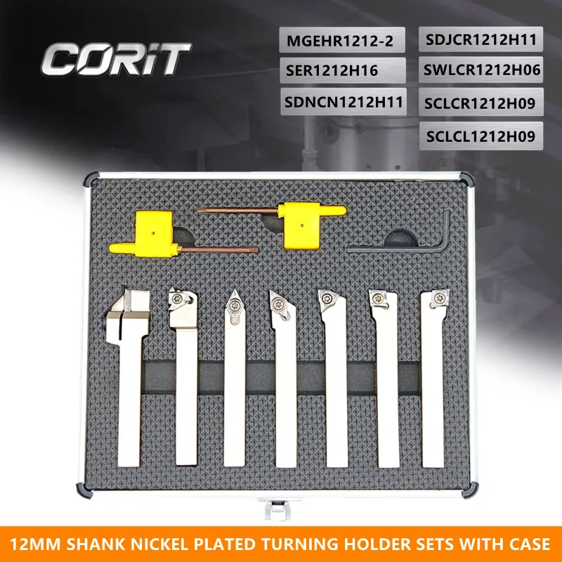 CORIT 7Sets of 12MM Shank Nickel Plated CNC Lathe Turning Tool Holder with Carbide Inserts and Wrenches in Case Set Turning Tool