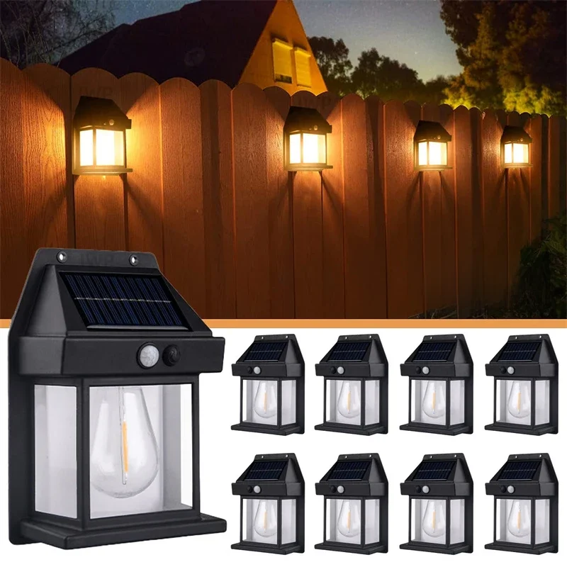 Solar Wall Lights Outdoor Tungsten Waterproof Wireless Motion Sensor Security Lamps Dusk to Dawn Lighting for Garden 1~8PCS