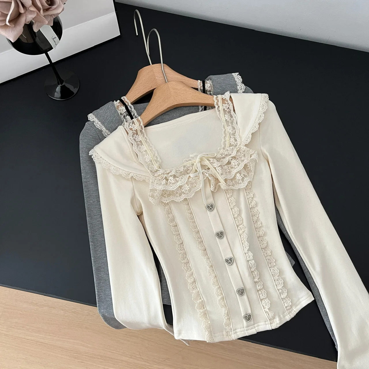 Women Splice Knitted Top Fake Two-pieces Long Sleeves Fashionable Lace Design Sweet Pullover 2023 Autumn/Winter New