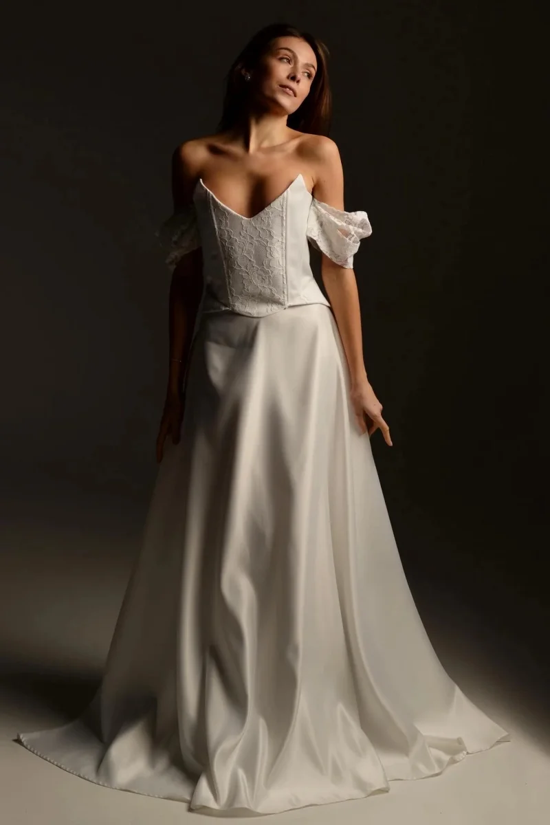 Annie Abiti da ballo ricamati in pizzo Splendidi abiti da sera bianchi Abiti eleganti in raso con spalle scoperte personalizzati