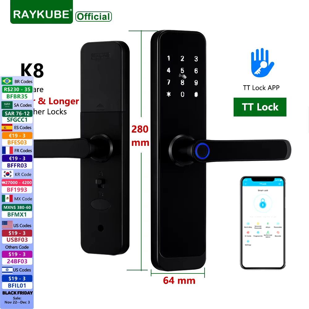 RAYKUBE K8 TT Lock Bluetooth Smart Door Lock Fingerprint Lock Digital Electric Lock With Longer Larger Handle Panels Doorbell