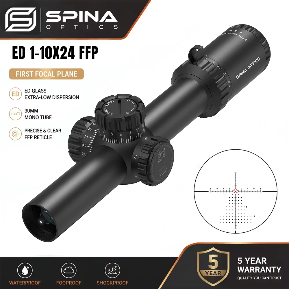 SPINA OPTICS Tricore 1-10x24 FFP ED Glass First Focal Plane Scope Quick-focus Horsehoe Reticle Tactical Training w Scope Mount