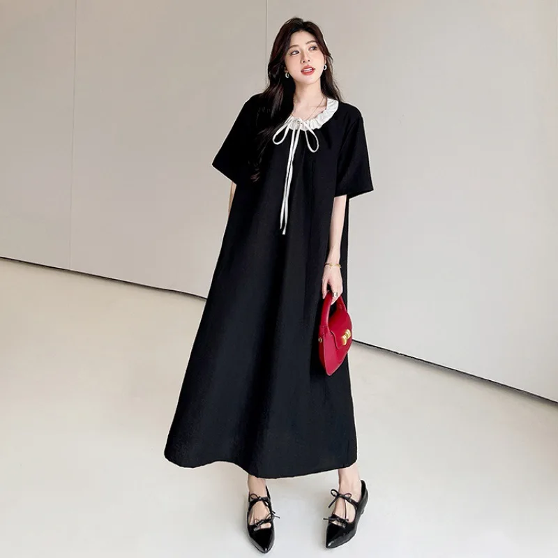 Letnia długa sukienka damska Sweet Lapel Lace Up Korean Loose Color Collar Short Sleeve Dress Cotton Linen Large Size Dress Women