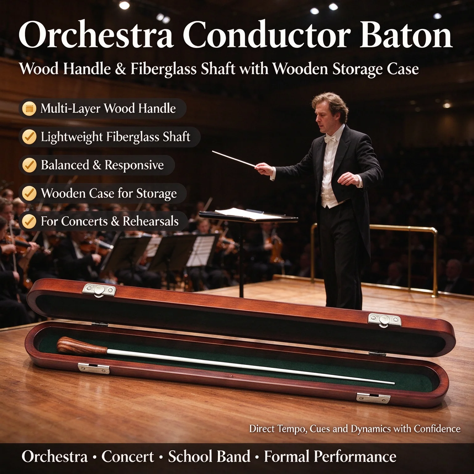 Fiberglass Conductor Baton Balanced Wooden Baton in Box Music Conductor Stick Conducting Wand Carrying Case for Orchestra Concer
